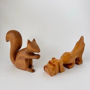 Hand Carved Wood Sculptures: Dog and Squirel